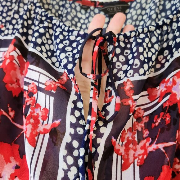 GUESS Los Angeles sz L Floral Semi-Sheer Blouse Top Long Sleeve Navy Blue Red - Picture 6 of 14